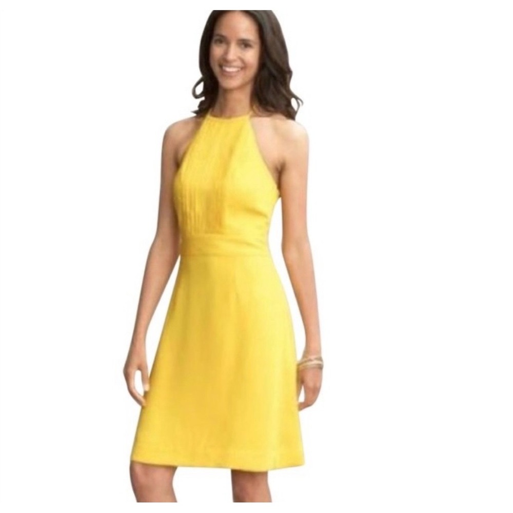 Banana Republic Womens Yellow Pleated Halter Open Back A-Line Dress Size 14